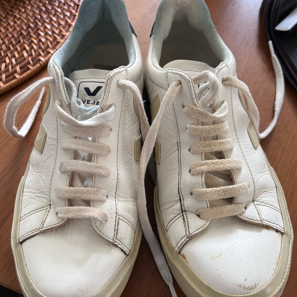 Veja White Low-Top Sneakers with Beige Accents